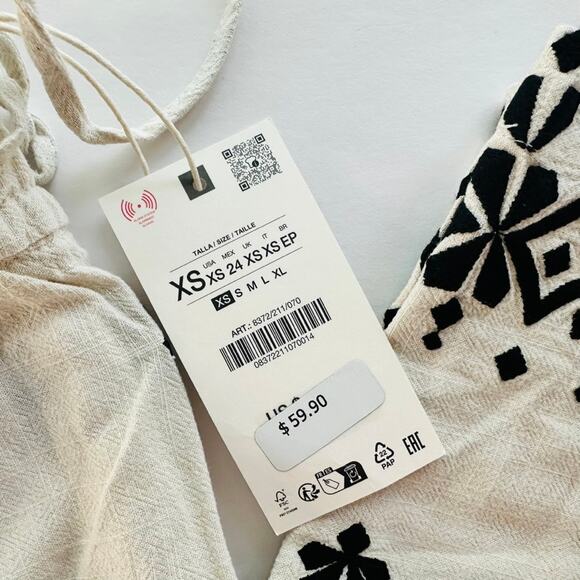 ZARA Embroidered Wide Leg Linen Blend Pant Cream Black NEW Size XS - Picture 3 of 5